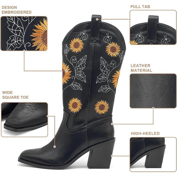 Nzzoo Western Boots Women Black Cowboy Wide Mid Calf Cowgirl Shoes - Picture 2 of 7